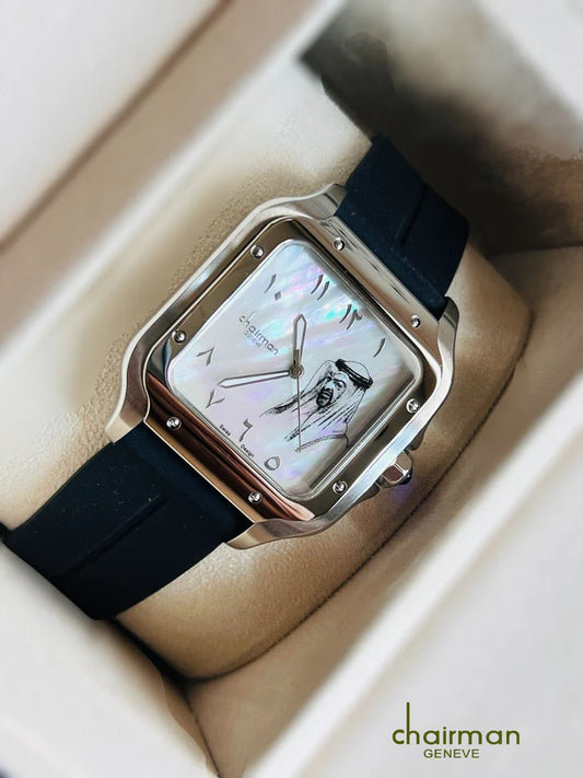 Chairman Luxury watch with black strap and white face in a beige box, brand 'Chairman' visible.
Salam Luxury