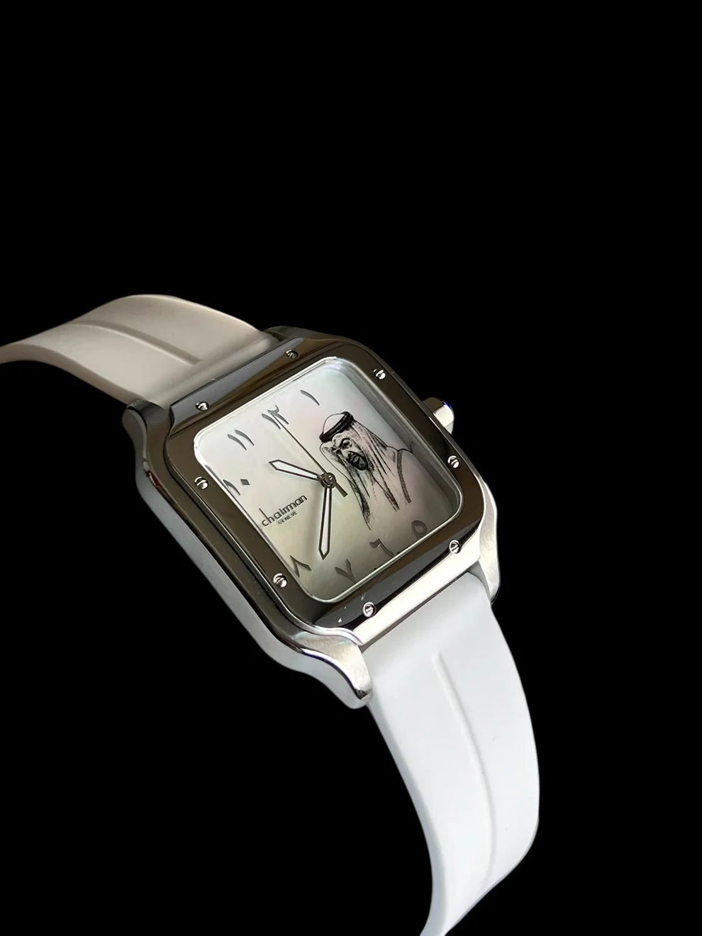 Chairman Watch with a white strap and silver case on a black background
Salam Luxury