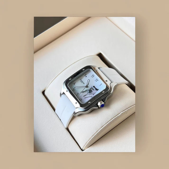 Chairman Silver square watch with white strap in a beige box on a beige background
Salam Luxury
