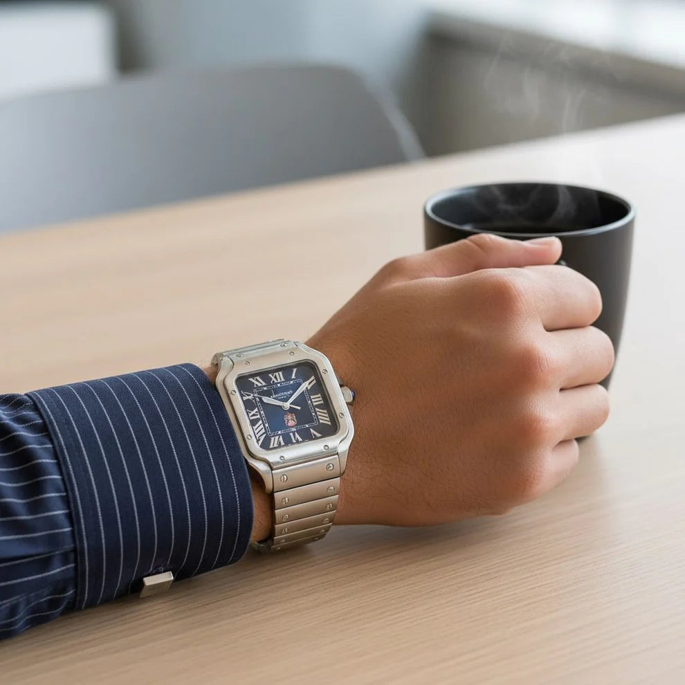 Hand wearing a silver watch with a blue face, holding a black mug on a wooden table.
Salam Luxury UAE