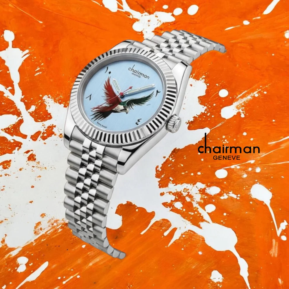 Silver watch with a bird design on the dial against an orange and white abstract background, featuring the brand 'Chairman Geneve'.
Salam Luxury