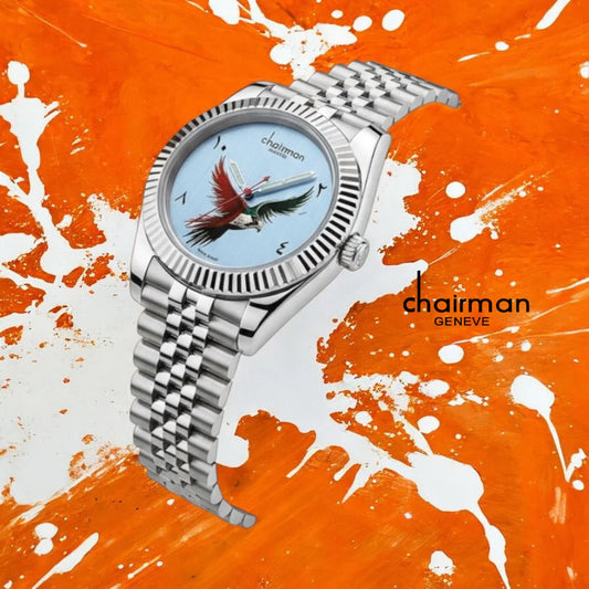 Silver watch with a bird design on the dial against an orange and white abstract background, featuring the brand 'Chairman Geneve'.
Salam Luxury