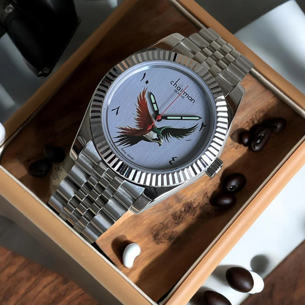 Silver watch with a unique face design in a wooden box
Salam Luxury