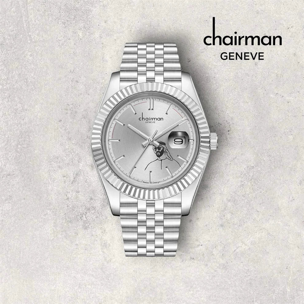 Silver wristwatch with detailed face on a light gray background, featuring the 'chairman Geneve' brand.
Salam Luxury