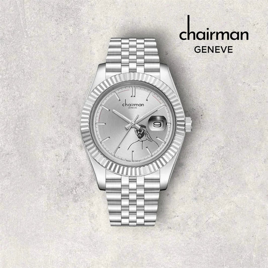 Silver wristwatch with detailed face on a light gray background, featuring the 'chairman Geneve' brand.
Salam Luxury