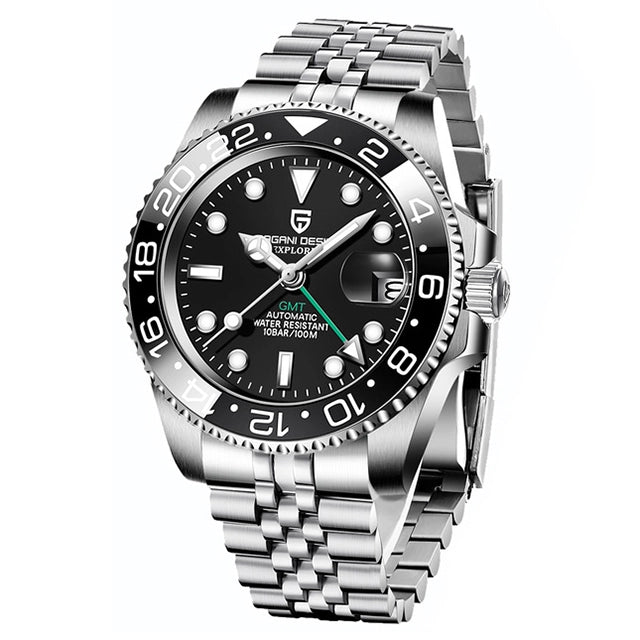 Silver wristwatch with black dial on a white background
Salam Luxury