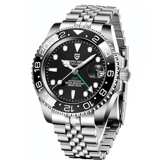 Silver wristwatch with black dial on a white background
Salam Luxury