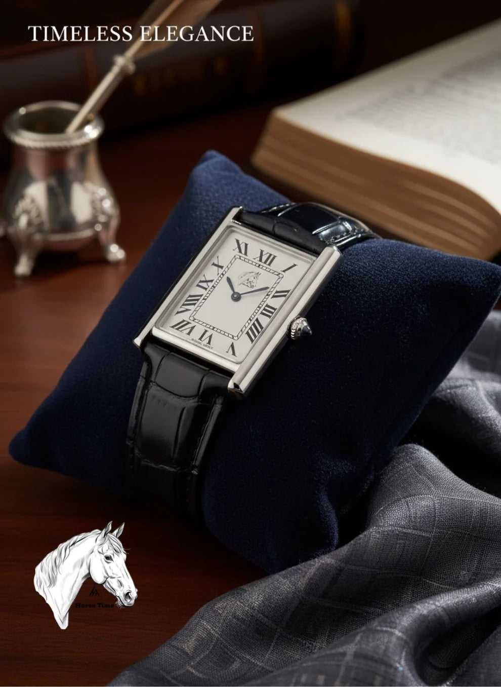 Black |Luxury watch with black leather strap on a dark blue cushion, with 'Timeless Elegance' text above.
Salam Luxury UAE