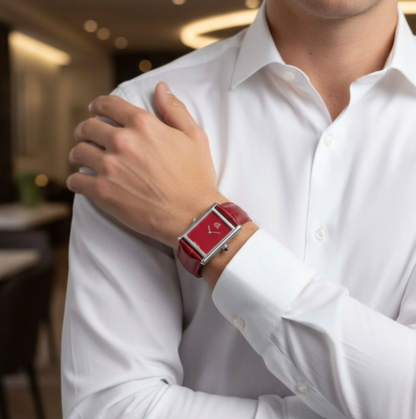 Person wearing a white shirt with a red watch on a blurred indoor background
Salam Luxury