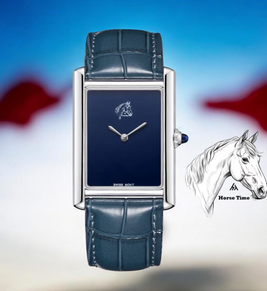 Blue watch with silver accents on a blue and red gradient background, featuring a horse logo.
Salam luxury