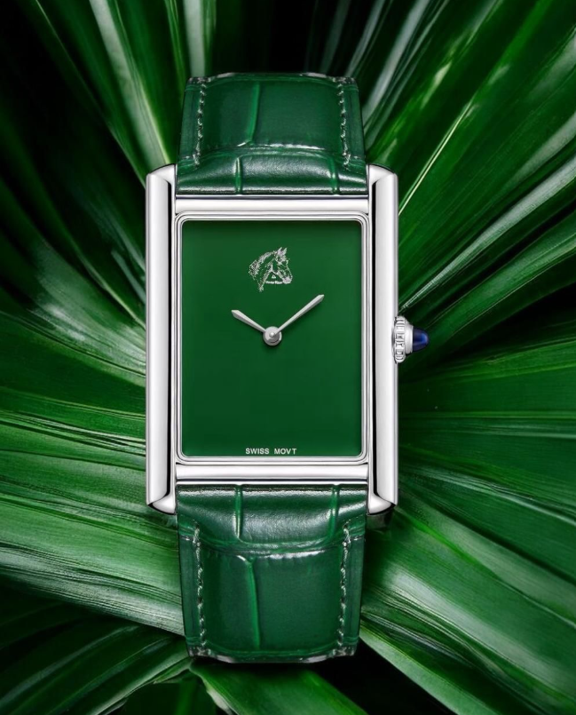 Green watch with a silver case on a green leaf background
salam Luxury