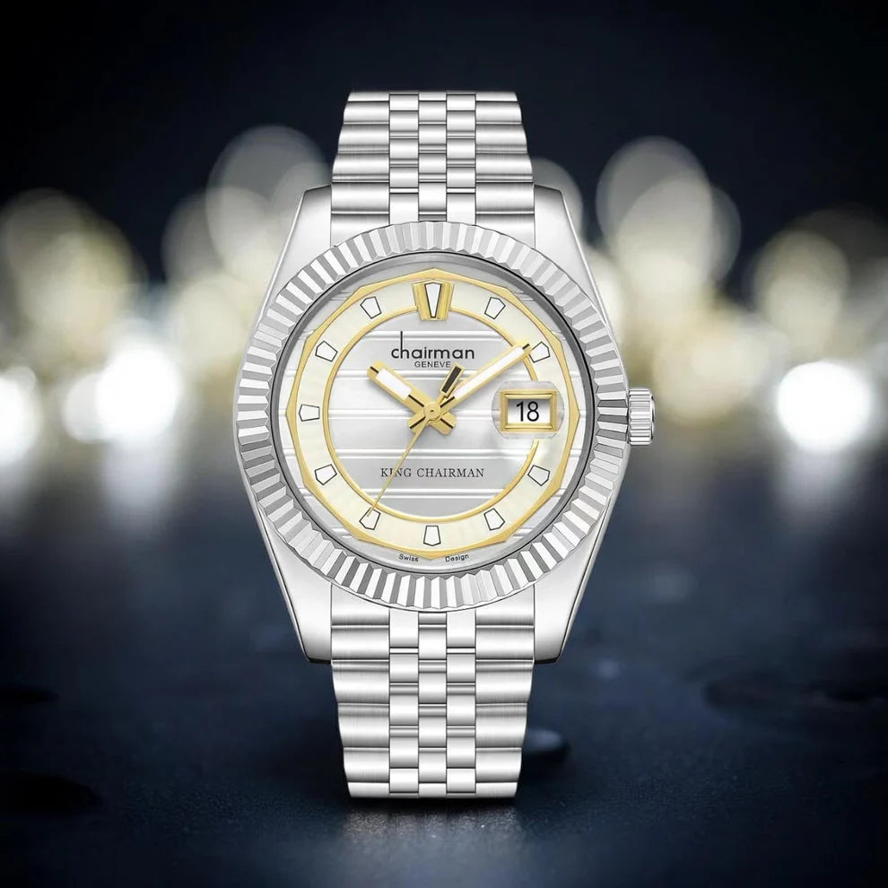 Chairman-geneve-king-chiarman-golden-dial-silver-stainless-strap-for-men's-Salam-luxury-UAE