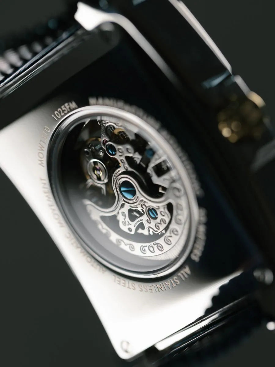 Close-up of a mechanical watch with intricate details on a dark background
Salam Luxury