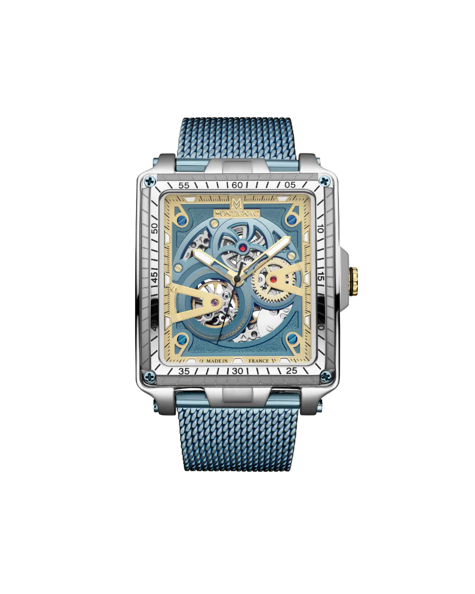 Luxury watch with blue mesh strap and intricate design on a white background
Salam Luxury