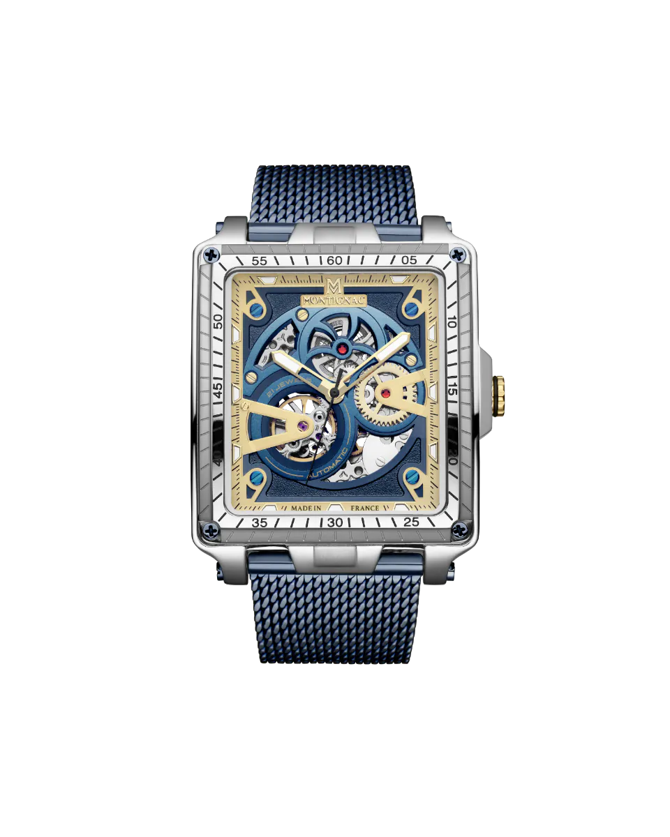 Luxury watch with blue mesh strap and visible mechanical components on a white background
Salam Luxury