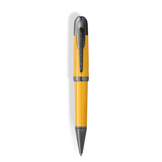 Elegant Montblanc Great Characters Enzo Ferrari Special Edition Giallo Modena Ballpoint Pen displayed vertically, available at Salam Luxury
