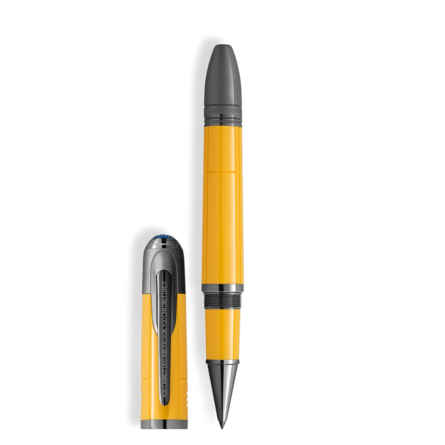Montblanc Great Characters Enzo Ferrari Special Edition Giallo Modena Rollerball Pen with cap off, available at Salam Luxury