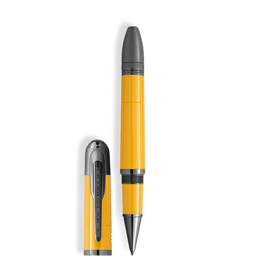 Montblanc Great Characters Enzo Ferrari Special Edition Giallo Modena Rollerball Pen with cap off, available at Salam Luxury