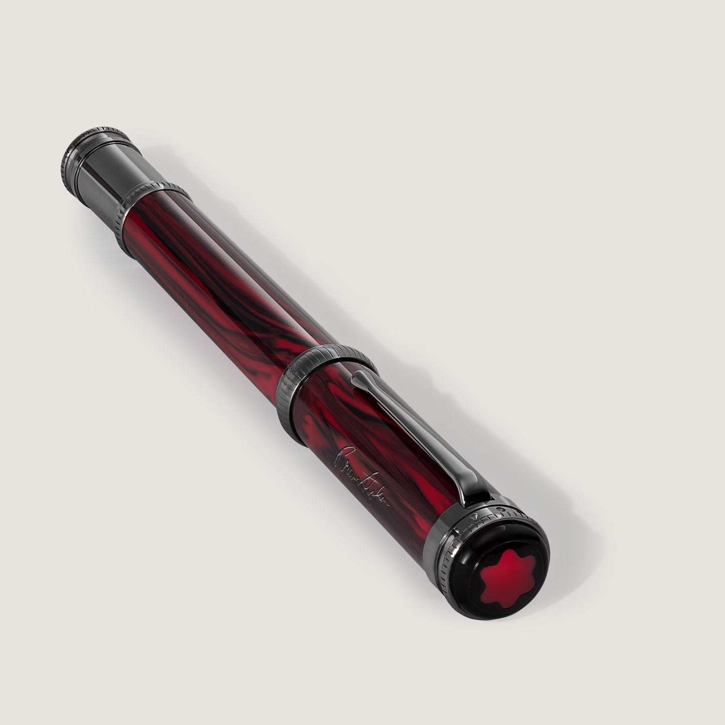 Angled view of the Montblanc Bram Stoker limited edition pen showcasing the iconic emblem on the cap, from Salam Luxury.