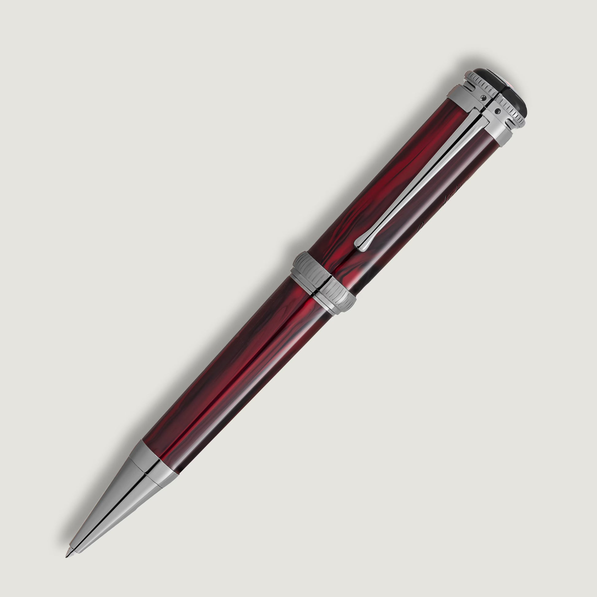 Sleek black and red patterned resin body of the limited edition Montblanc Bram Stoker pen from Salam Luxury.