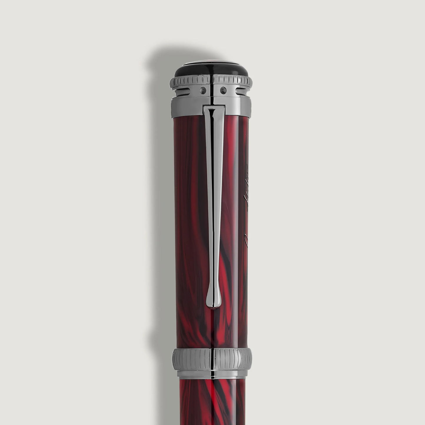 Close-up of the gothic-inspired platinum-coated clip and cap on the Montblanc Bram Stoker ballpoint pen by Salam Luxury.
