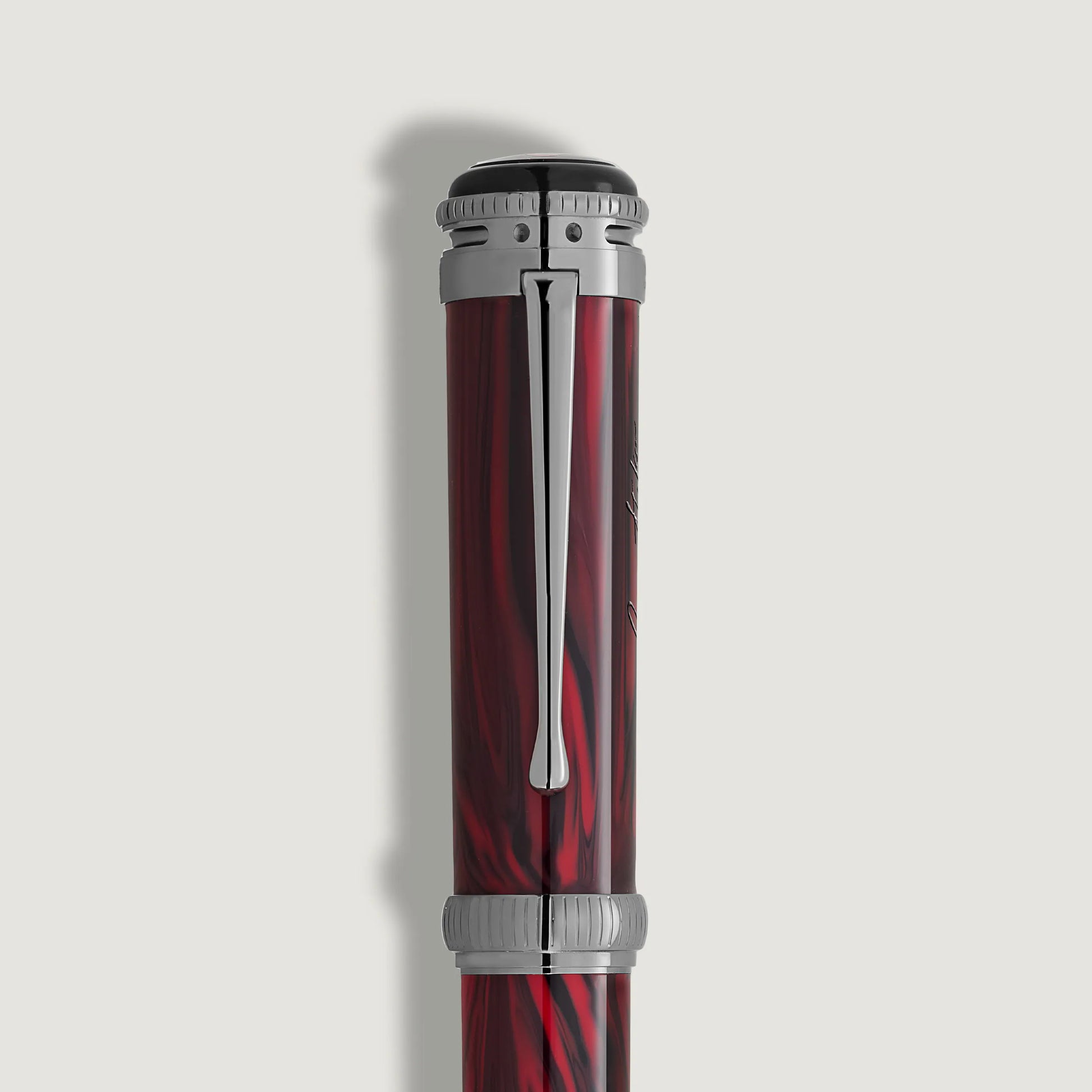 Gothic-inspired platinum-coated clip and patterned cap detail of the Montblanc Homage to Bram Stoker pen at Salam Luxury.