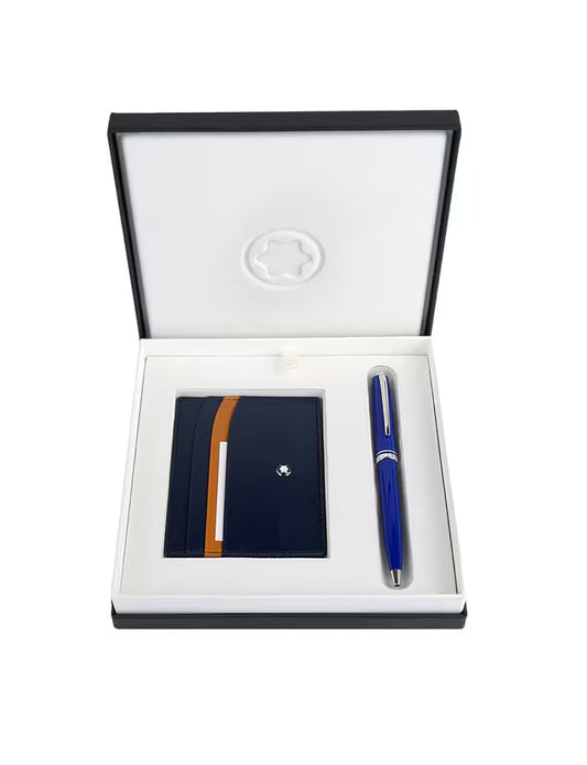 Navy blue cardholder with orange accent and blue pen in a branded box
Salam luxury