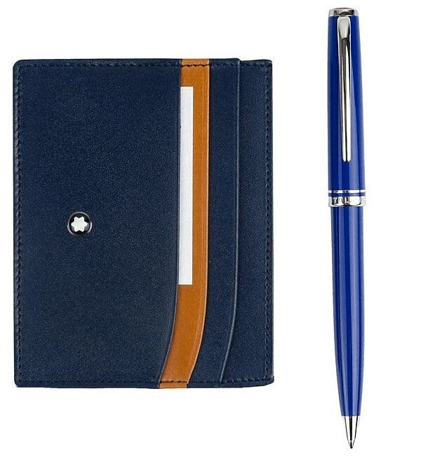 Blue leather notebook with a brown stripe and a matching blue pen on a white background
Salam luxury