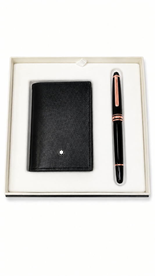 Black leather cardholder and fountain pen set in a box on a white background
Shop this From Salam luxury