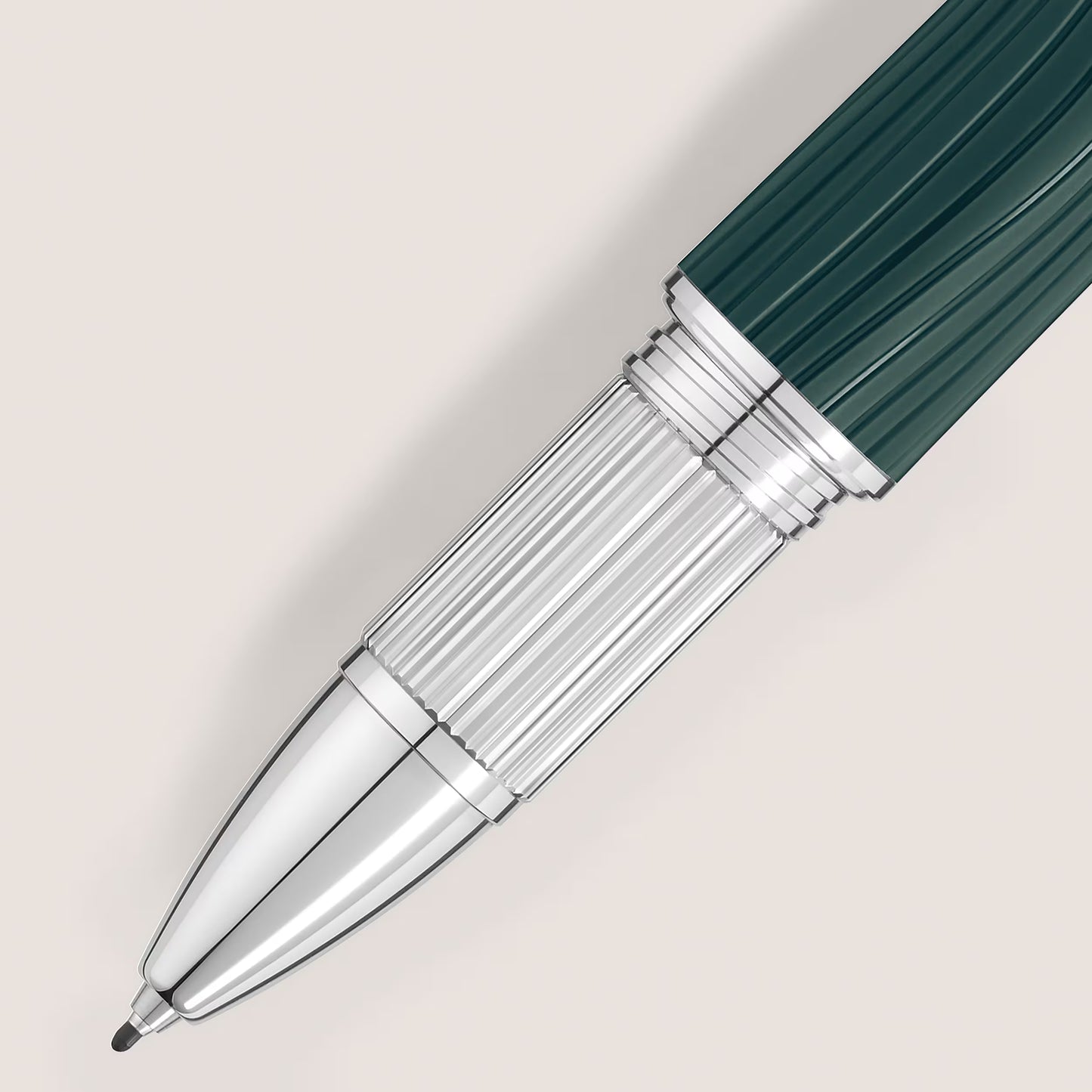 Detailed close-up of the platinum-coated front section and wave-patterned barrel of Montblanc StarWalker PolarGreen fineliner by Salam Luxury.