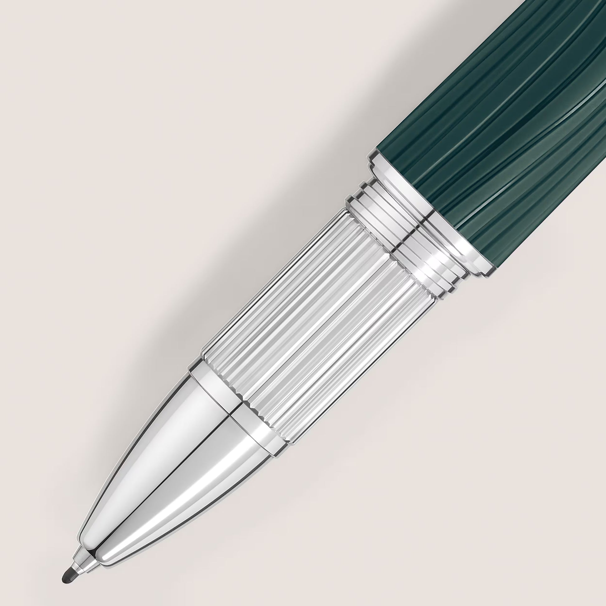 Detailed close-up of the platinum-coated front section and wave-patterned barrel of Montblanc StarWalker PolarGreen fineliner by Salam Luxury.