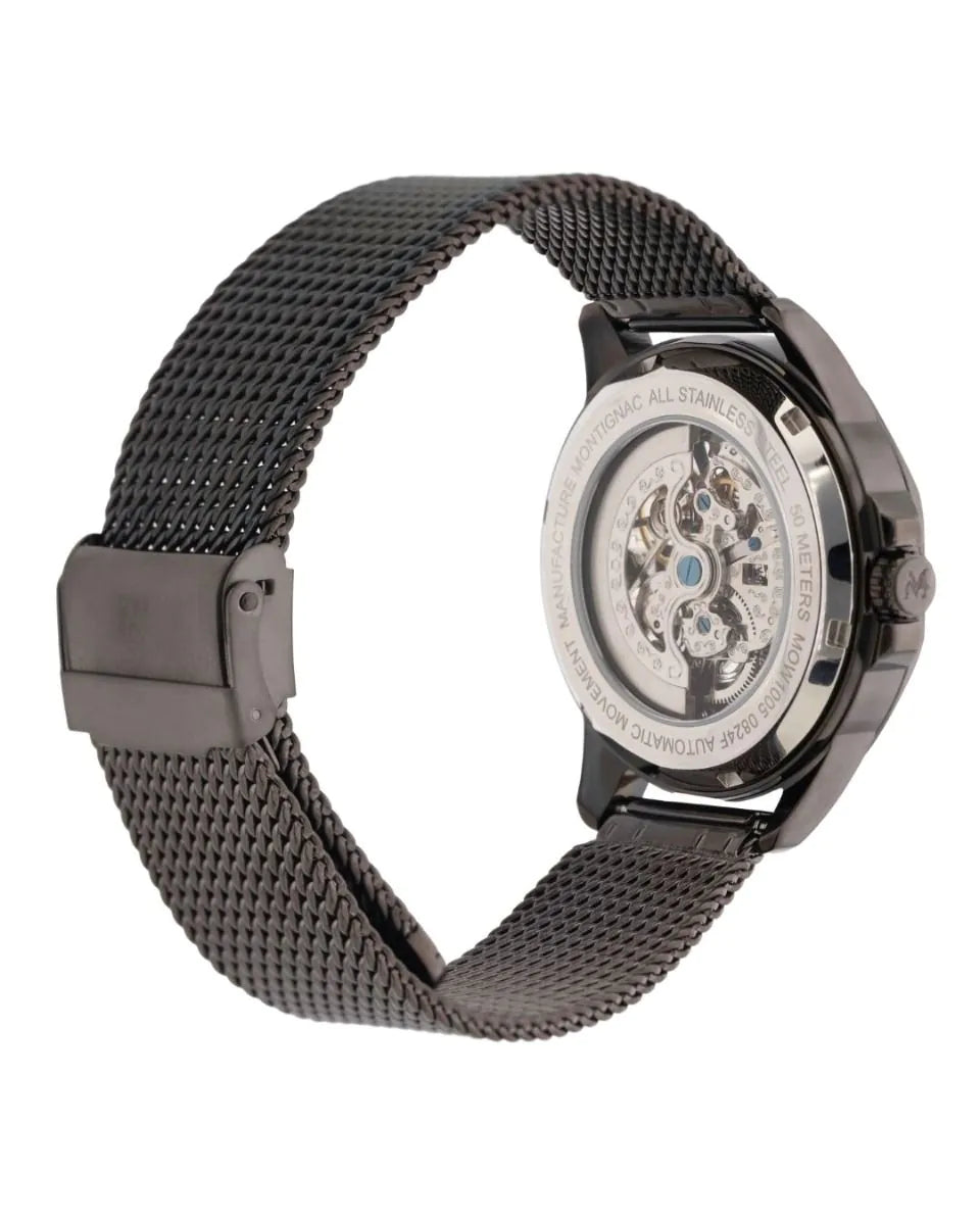 Watch with a black mesh strap on a white background