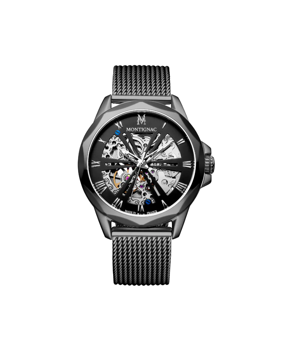 Black mechanical watch with mesh band on a white background
Salam Luxury