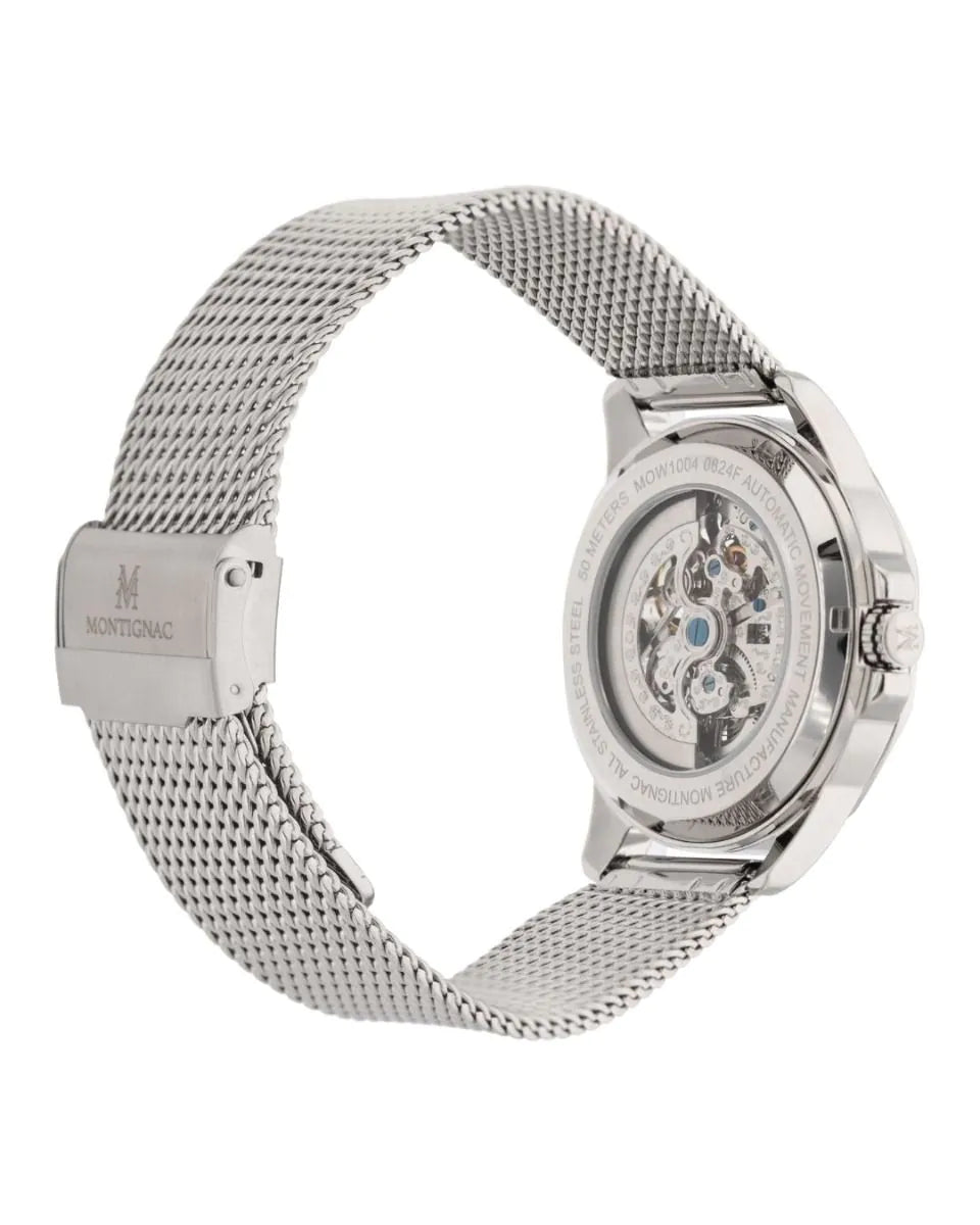 Silver watch with mesh band on a white background