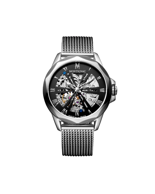 Silver watch with black face on a white background
Salam Luxury
