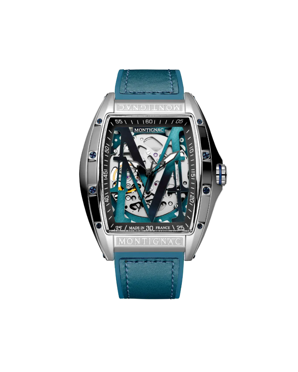 Watch with blue strap and transparent face on a white background
Salam Luxury