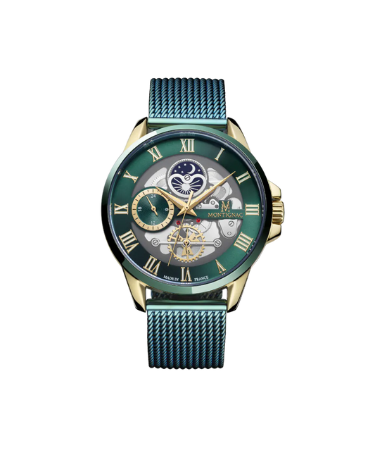 Watch with green strap and detailed face on a white background
Salam Luxury