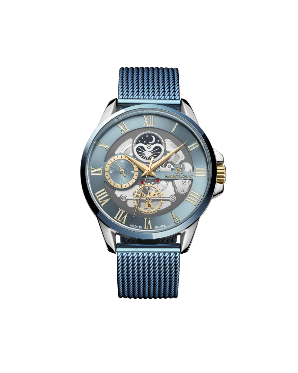 Light Blue | Watch with blue mesh strap and detailed face on a white background
Salam Luxury