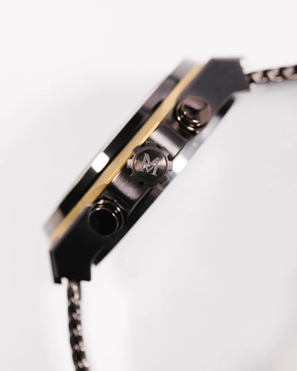 Brown | Close-up of a watch band with a brand logo on a white background
Salam Luxury UAE