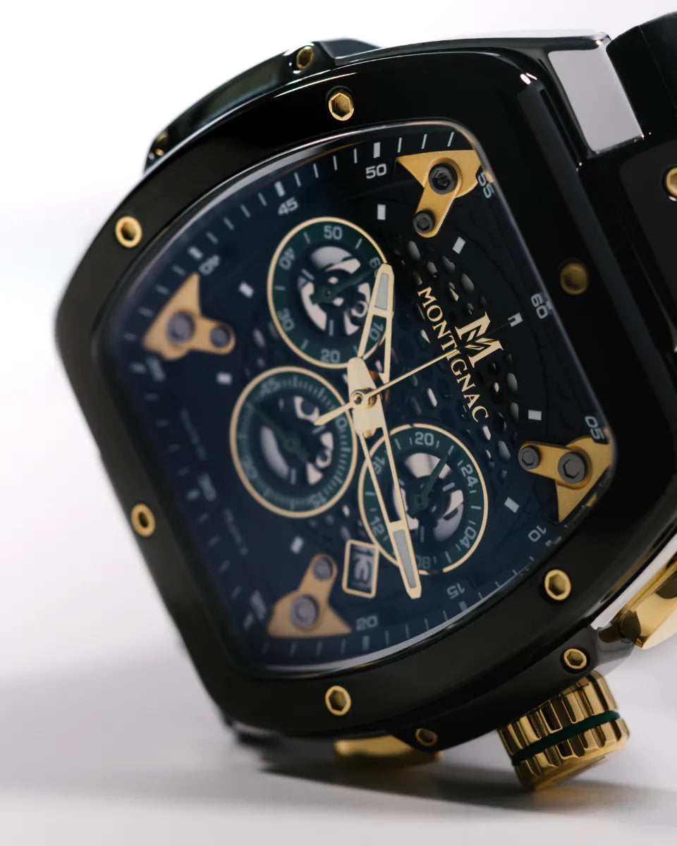 Black | Luxury watch with intricate design and visible brand name on a white background
Salam Luxury 