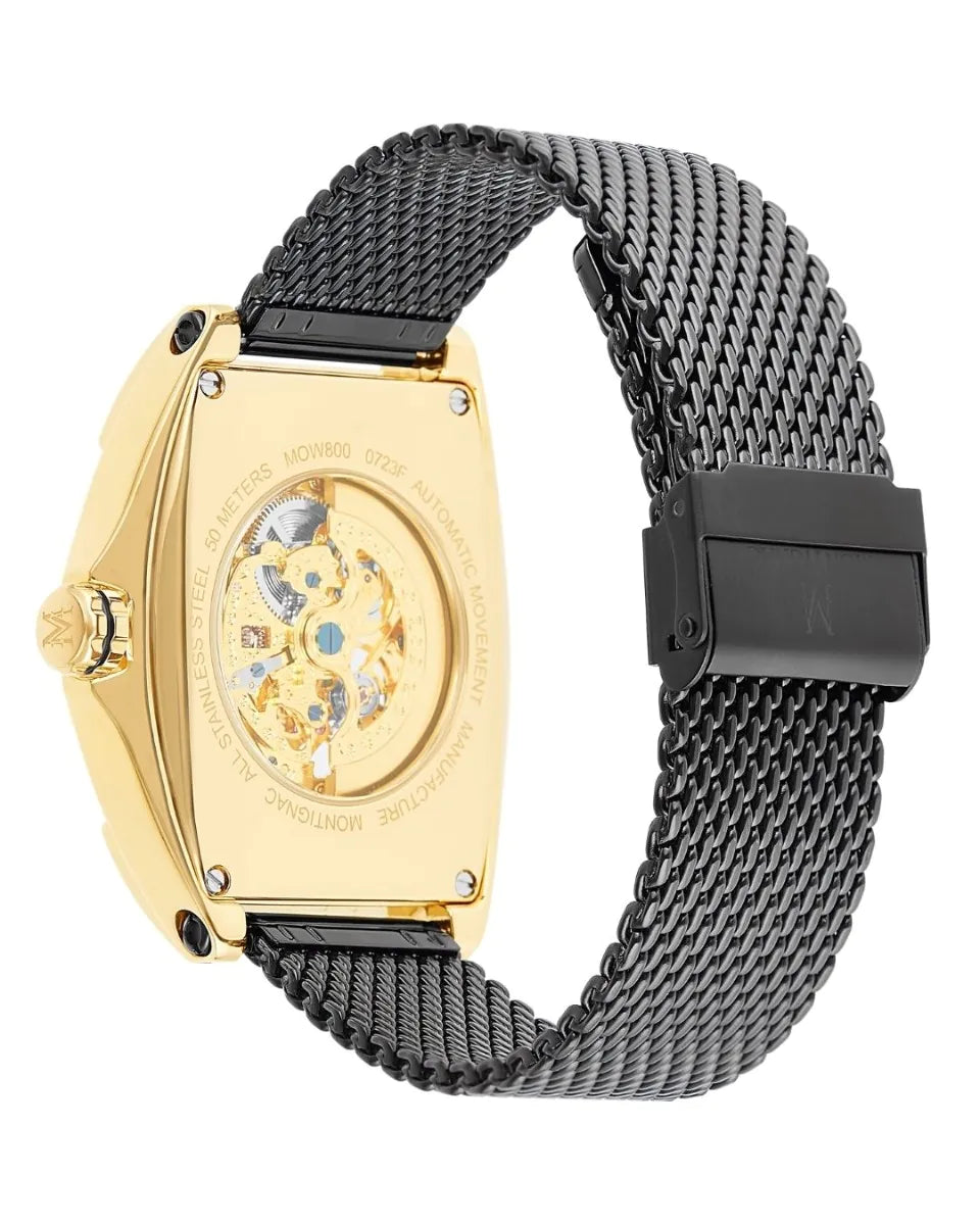 Gold watch with a black mesh strap on a white background