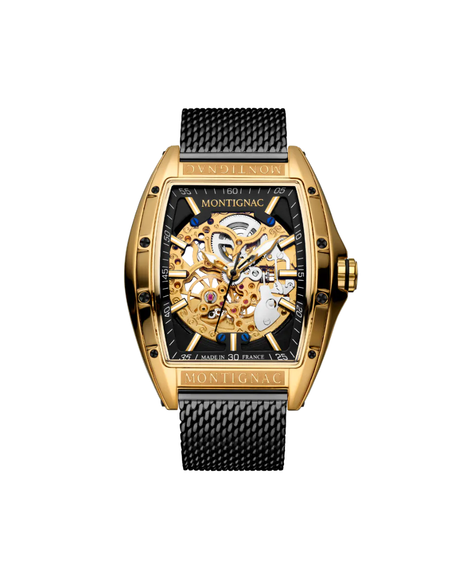 Luxury watch with gold case and black mesh strap on a white background
Salam Luxury
