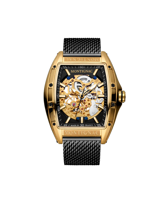 Luxury watch with gold case and black mesh strap on a white background
Salam Luxury
