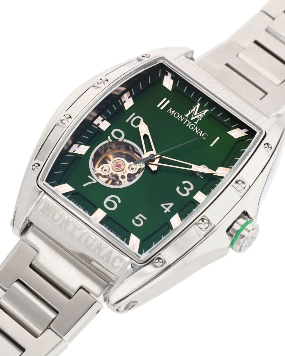 Montignac watch with green face and silver metal strap on a white background
Available in Salam Luxury UAE