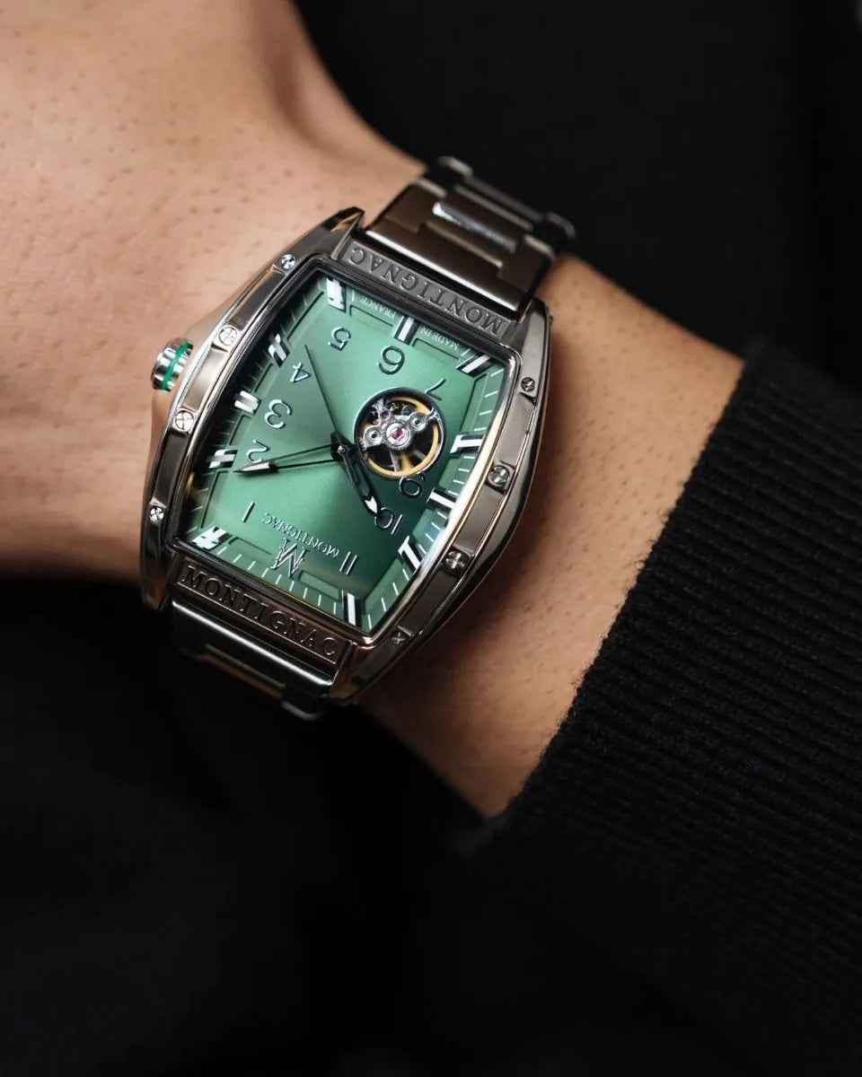 Montignac Watch wear in hand automatic open-heart 
Available in Salam Luxury UAE