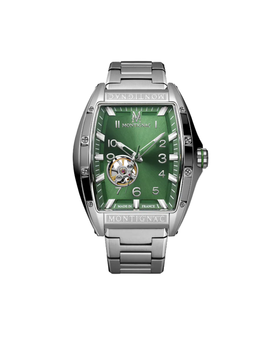 Silver watch with a green face on a white background 
Available in Salam Luxury UAE