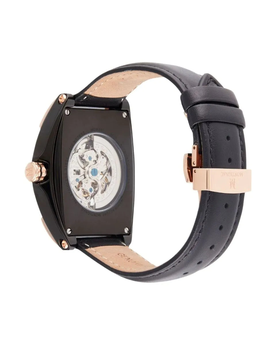 Watch with black leather strap and rose gold accents on a white background