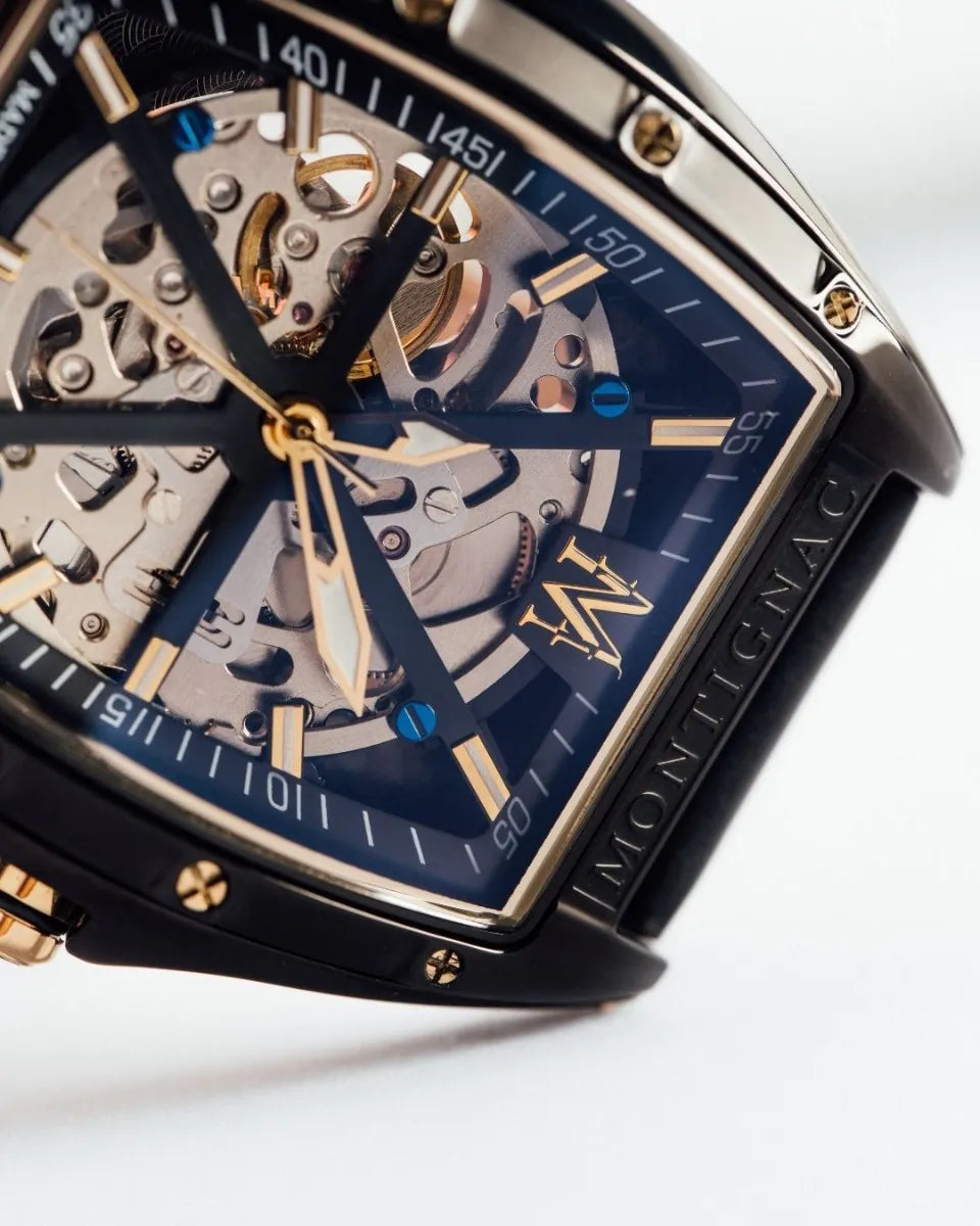 Close-up of a Montblanc watch with intricate mechanical details on a white background