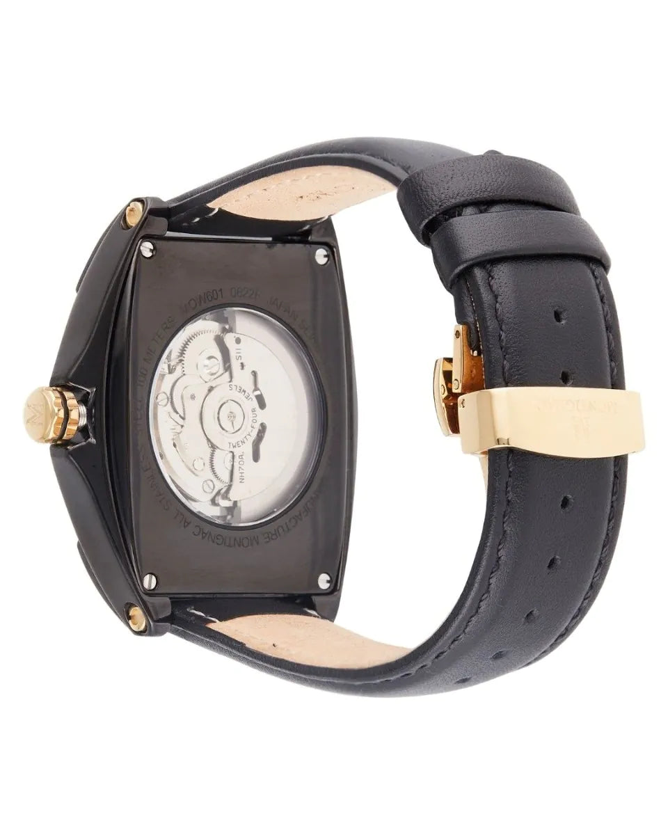 Watch with black leather strap and gold accents on a white background