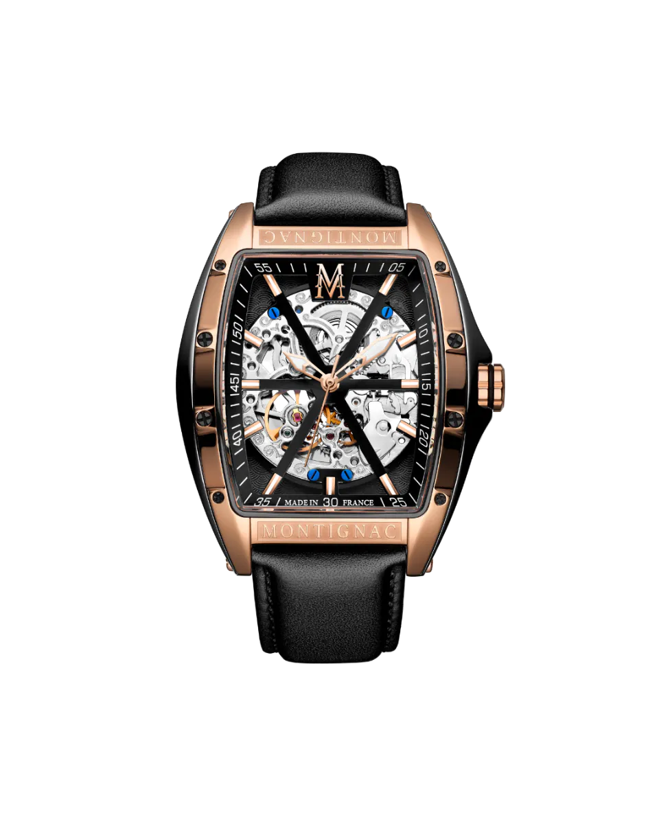 Luxury watch with black strap and rose gold case on a white background
Salam Luxury